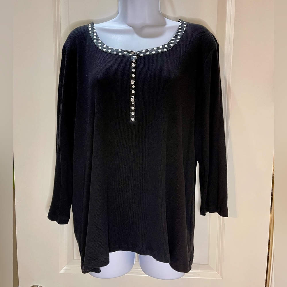 Per Se By Carlisle Blouse Black Ribbed Knit Lightweight 3/4 Sleeve Size 1X